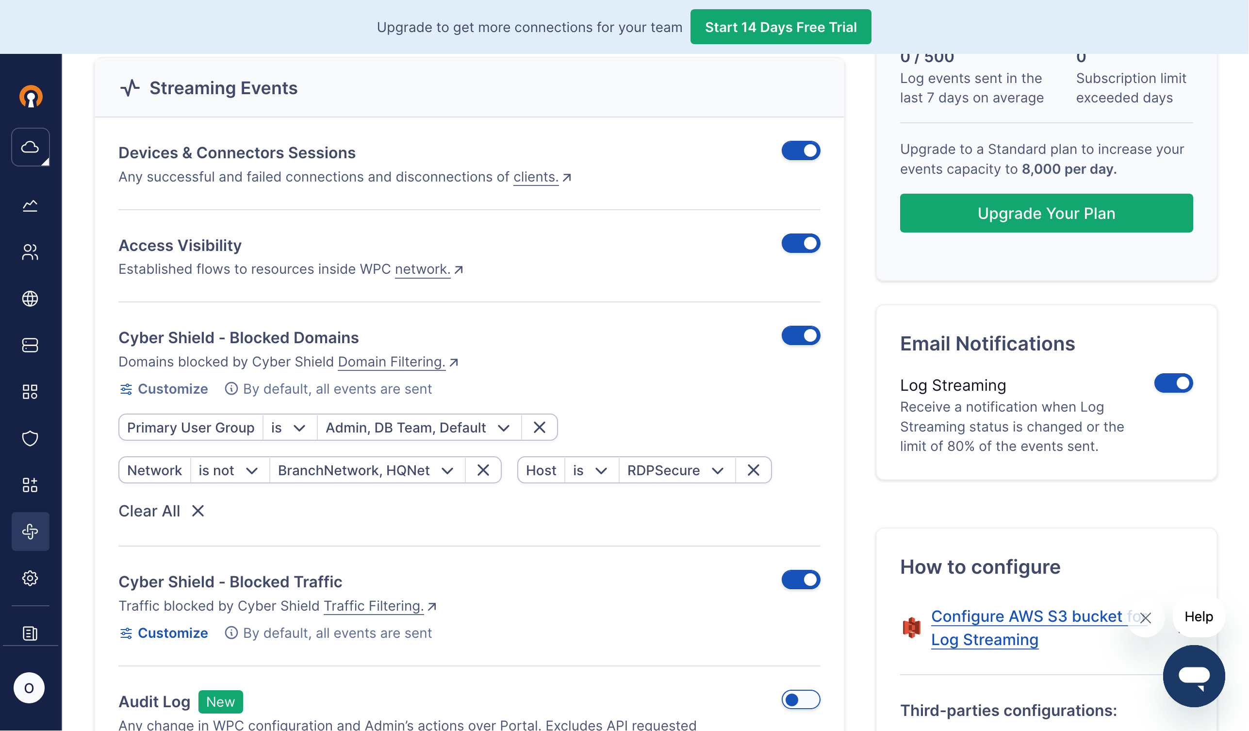 Screenshot showing the customization of Cyber Shield - Blocked Domains log events using rules.